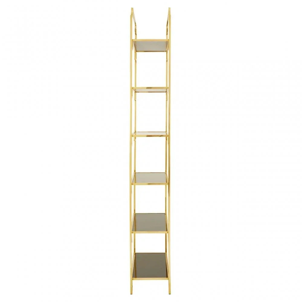 Tall gold metal shelving unit with five glass shelves, viewed from the front