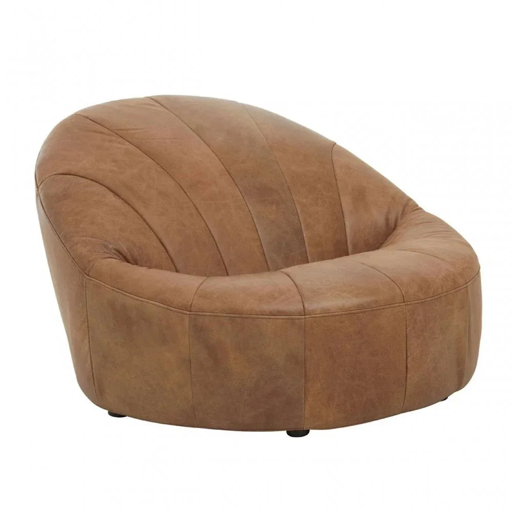 Brown leather accent chair with curved backrest and stitched panel detailing