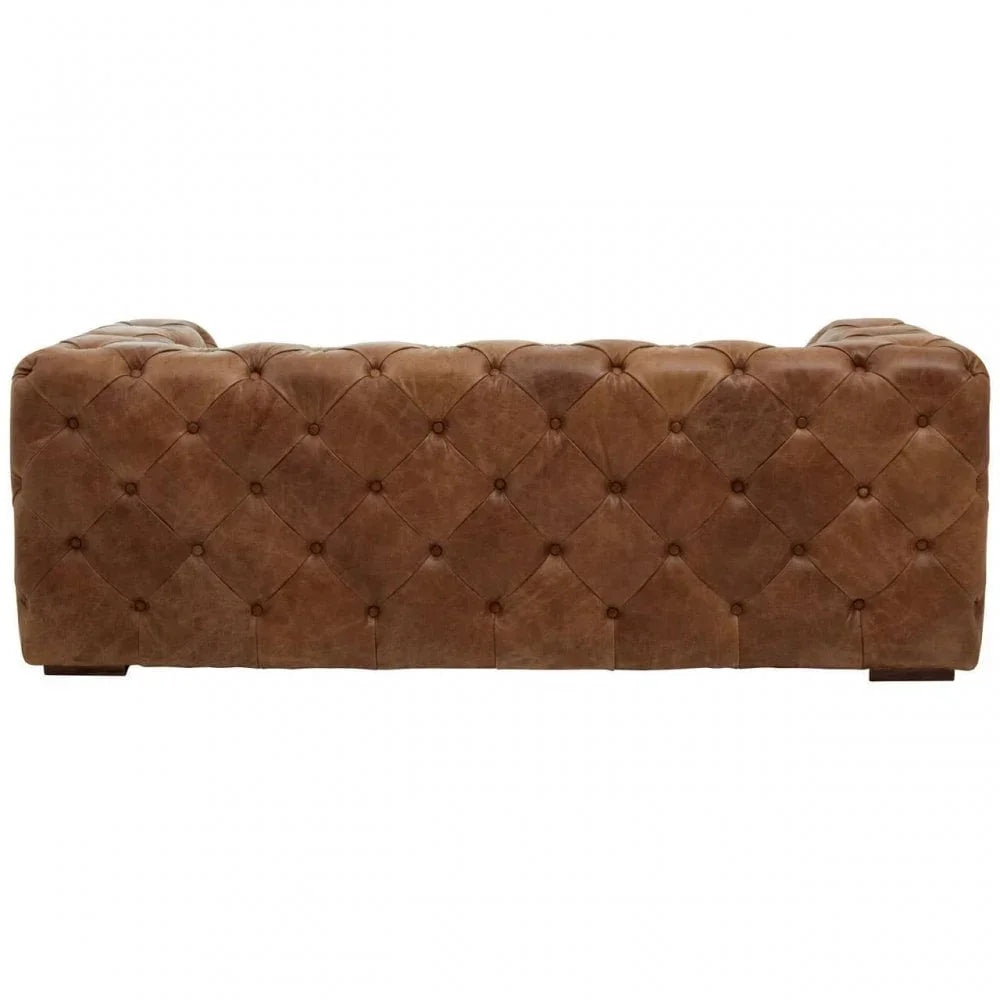 Brown leather Chesterfield sofa with deep button tufting, rear view