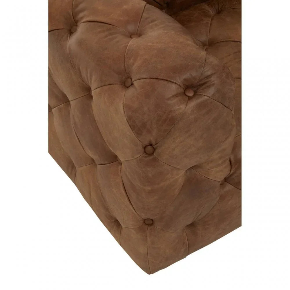 Brown leather sofa corner with deep button tufting detail