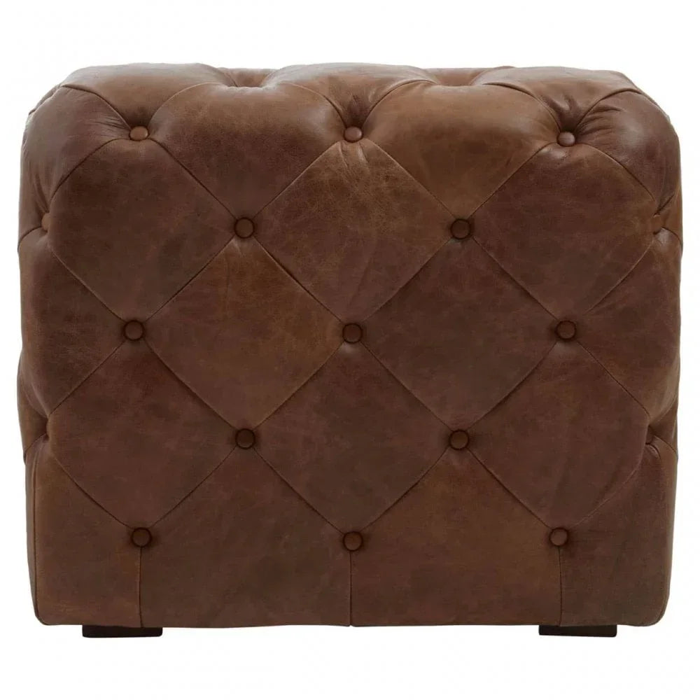 Brown leather upholstered footstool with button-tufted detailing and square design