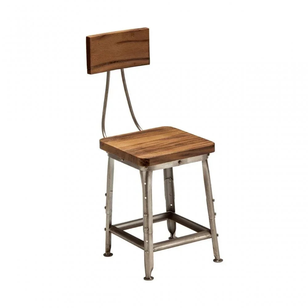 Industrial dining chair with metal frame and wood seat and backrest on white background