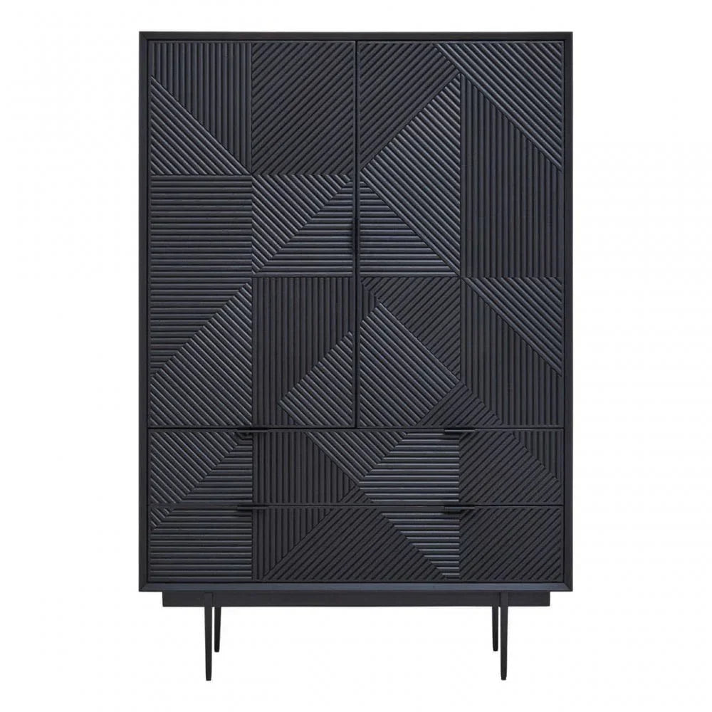 Black wooden chest of drawers with geometric textured front and slim legs