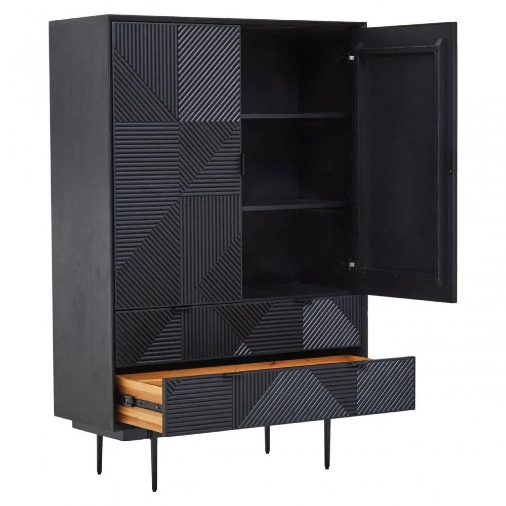 Black wood sideboard with geometric textured doors, open shelving and a lower drawer on legs