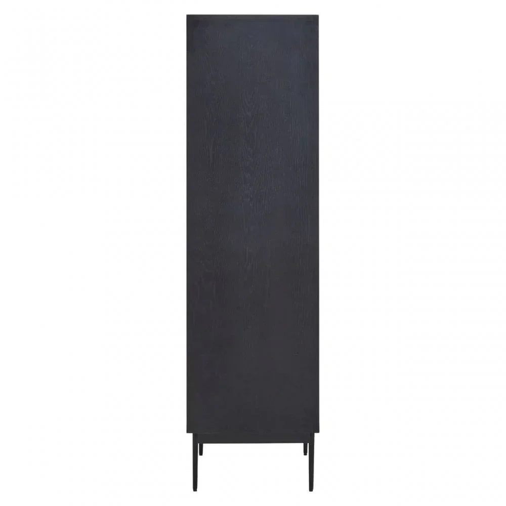 Back view of tall black wooden cabinet with slim legs