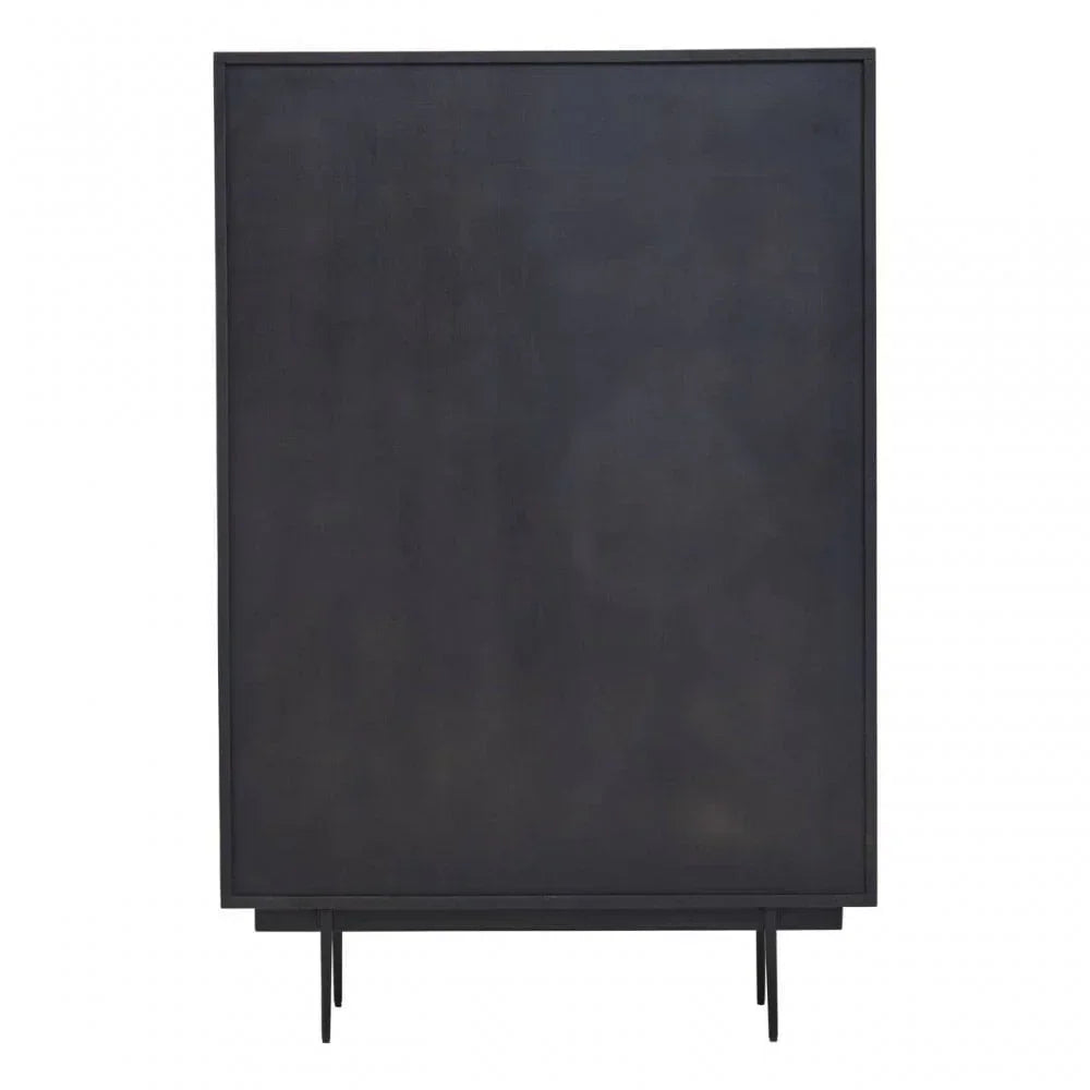 Black cabinet rear panel with slim metal legs, modern furniture design