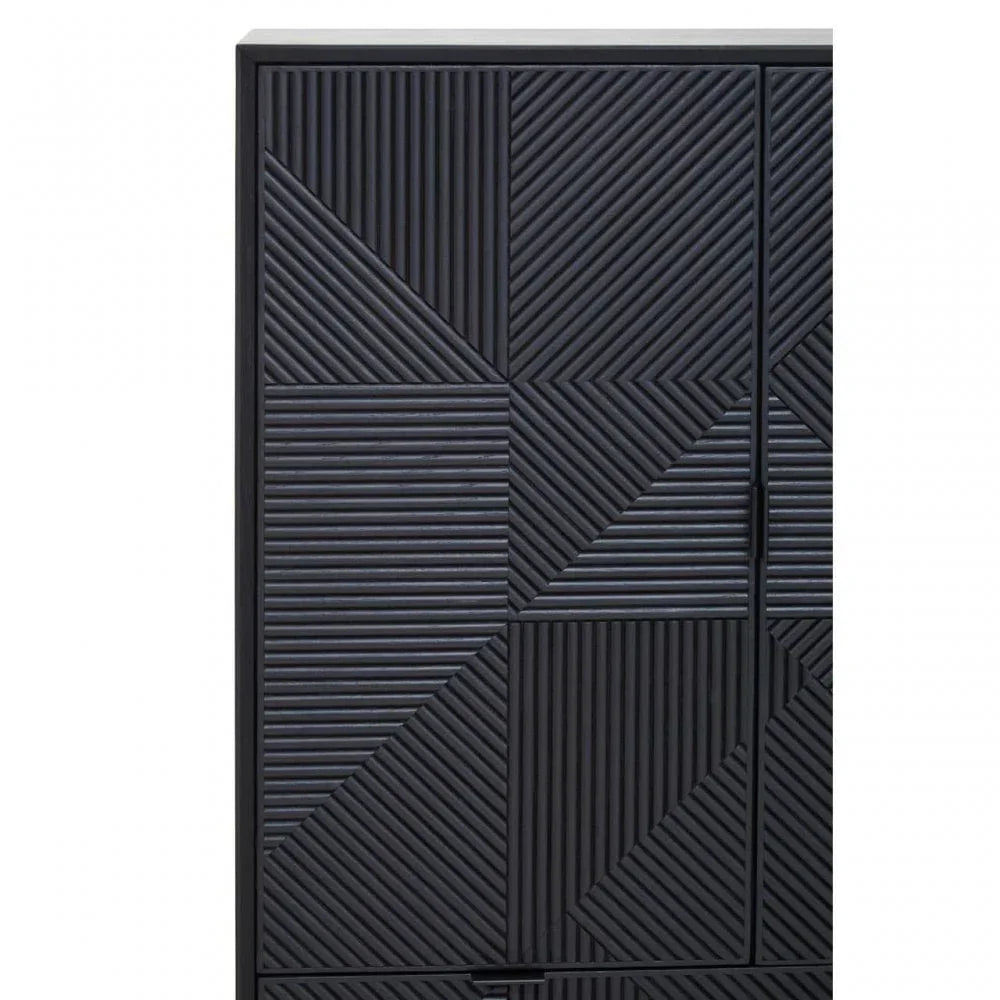 Black geometric pattern cabinet door with textured wood panels and modern design