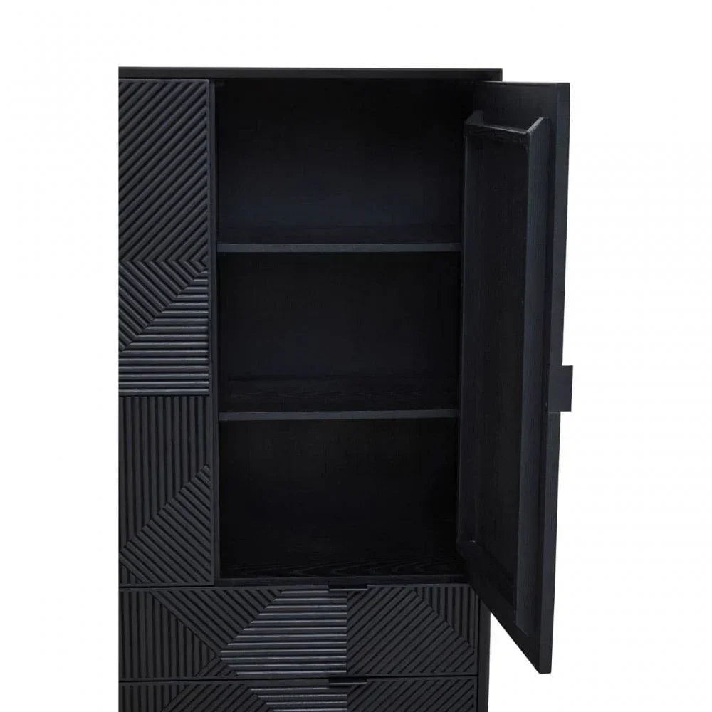 Black wood cabinet with geometric carved door open showing interior shelves