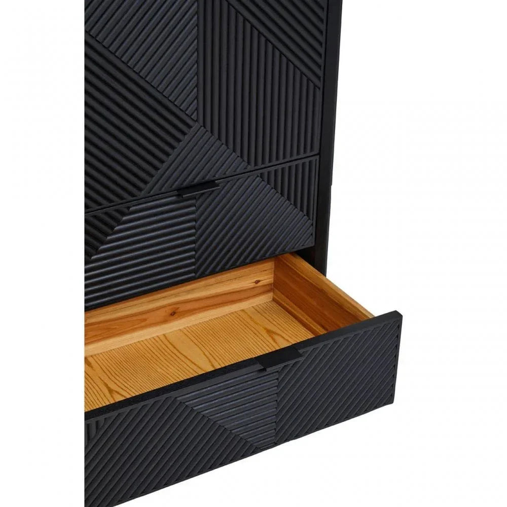 Black geometric chest of drawers with textured front, open to show natural wood interior