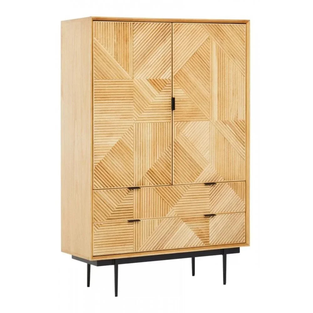 Geometric wood wardrobe cabinet with two doors, three drawers, and black metal legs