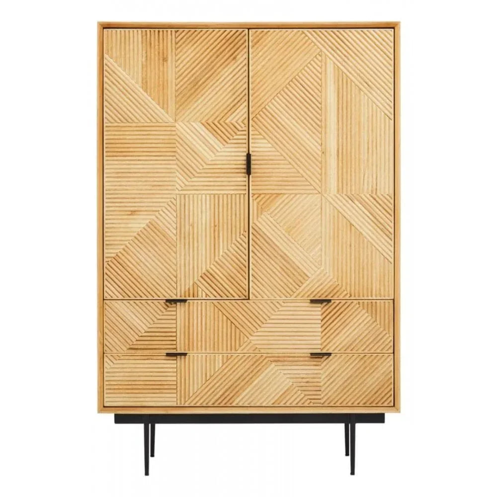 Geometric pattern wood cabinet with two doors and drawers on black legs