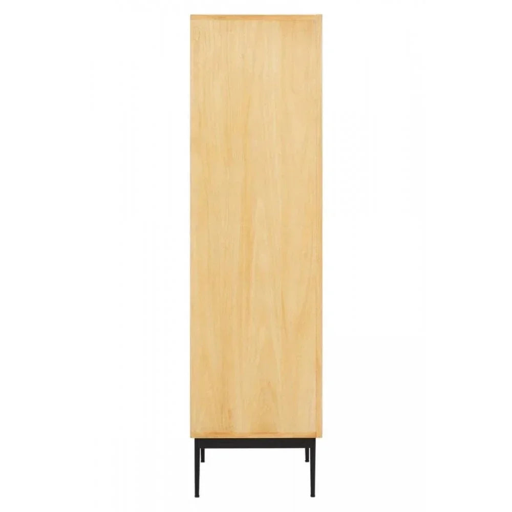 Side view of tall wooden cabinet with black metal legs, minimalist modern furniture