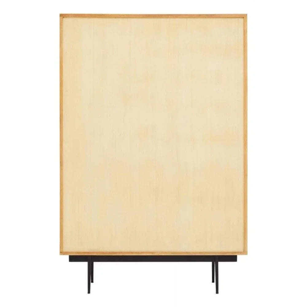 Rear view of wooden sideboard cabinet with light wood finish and black metal legs