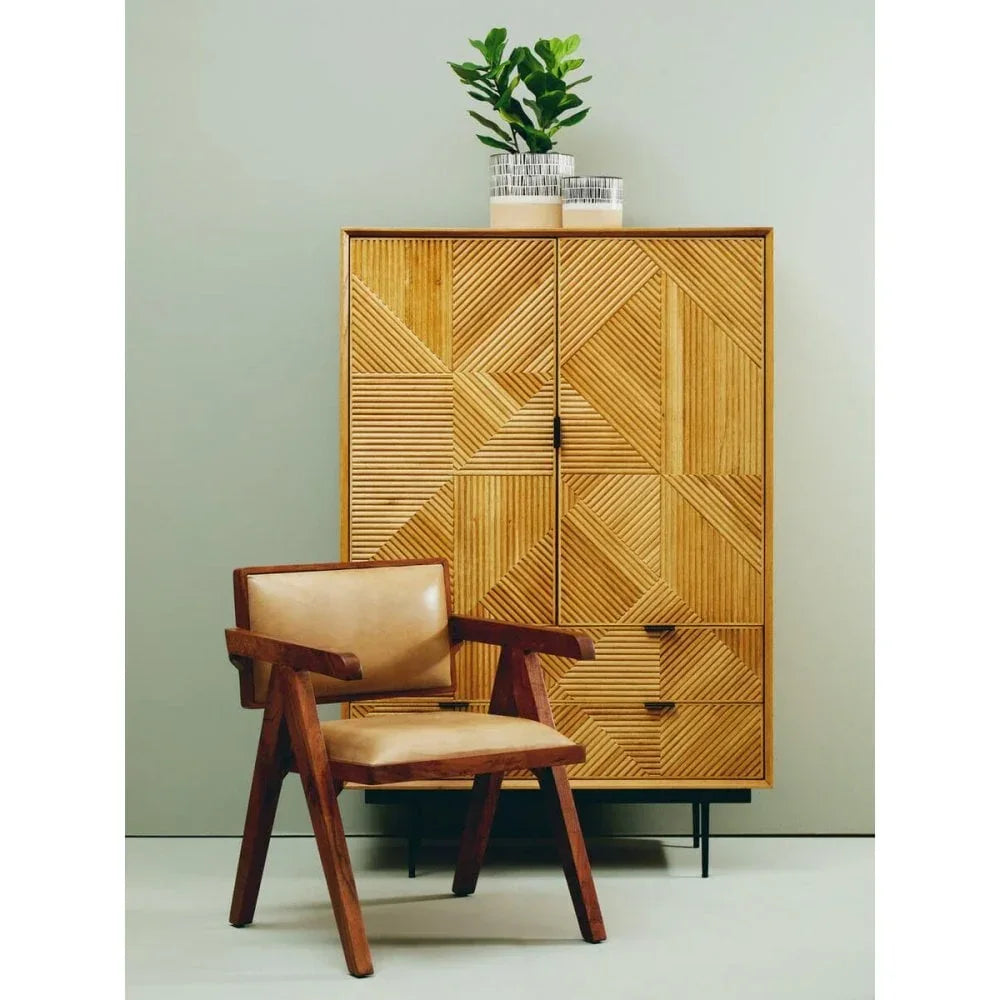 Wooden accent chair and geometric wood cabinet with plant decor in modern living room