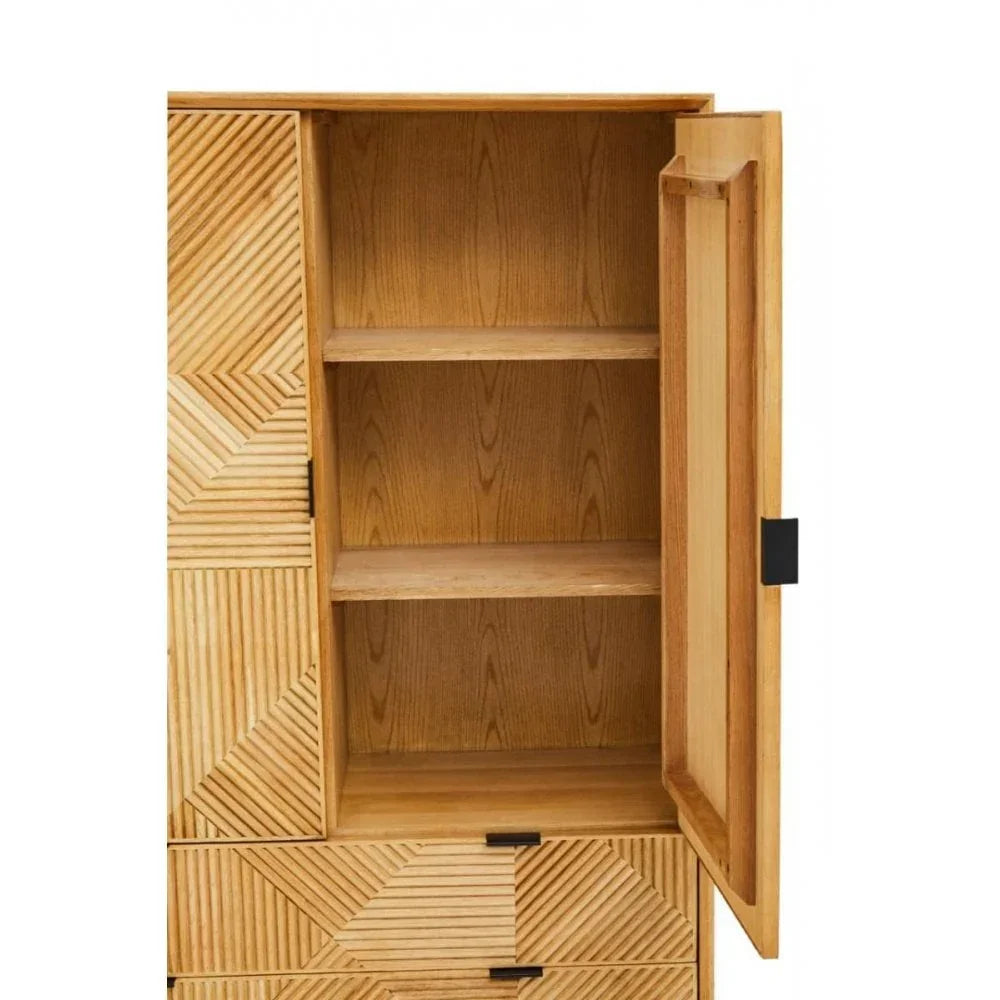 Wooden storage cabinet with open door, geometric panel details and interior shelves