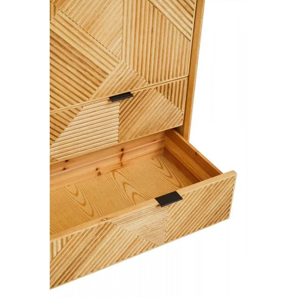 Geometric wood chest of drawers with textured pattern and open drawer