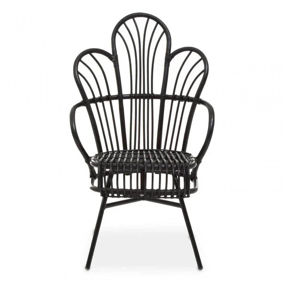 Black rattan accent chair with curved backrest and open-weave seat, front view