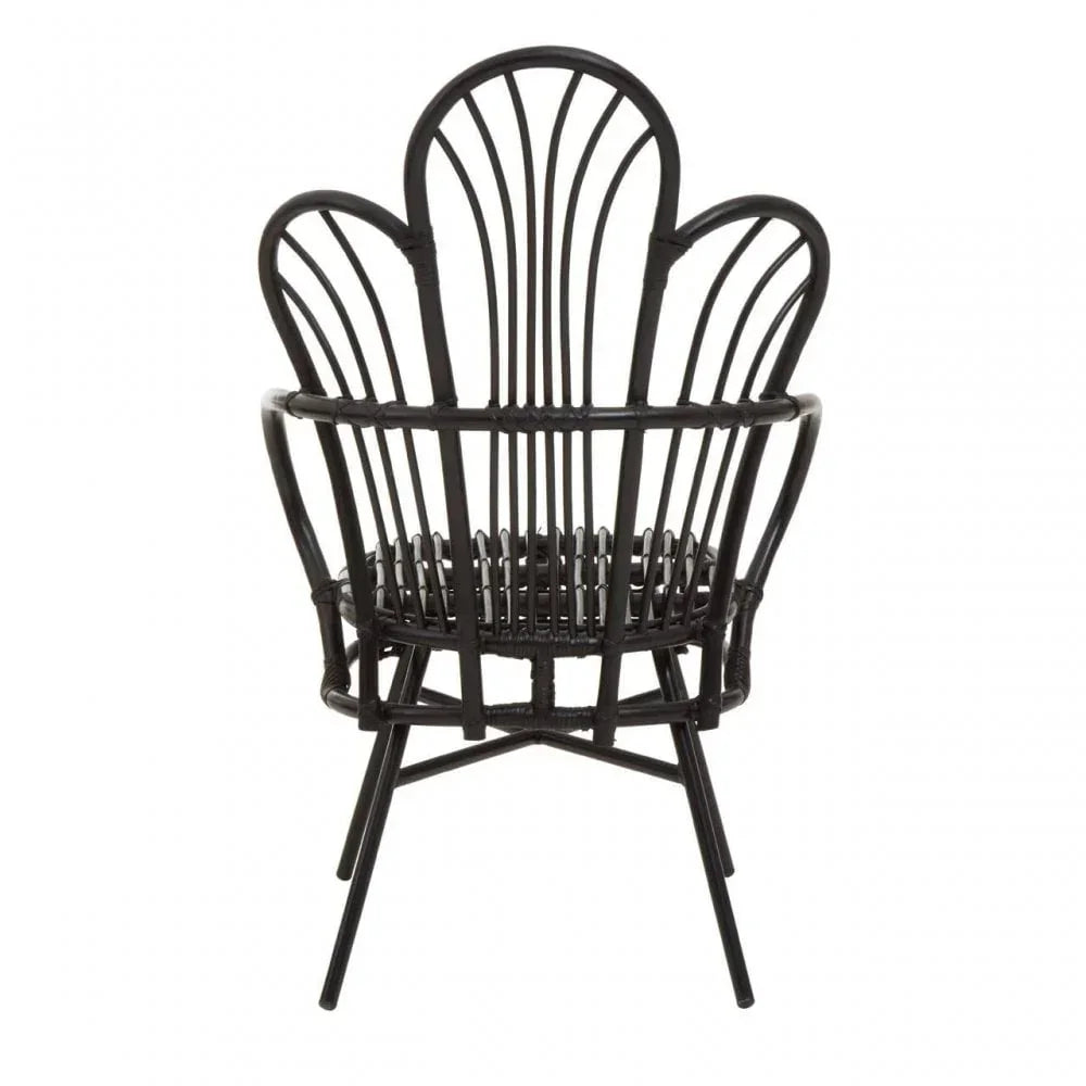 Black rattan accent chair with curved backrest and open frame design