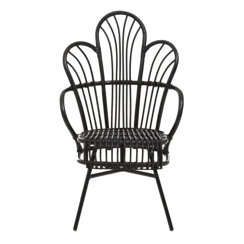 Black rattan accent chair with fan-shaped backrest and metal legs, front view