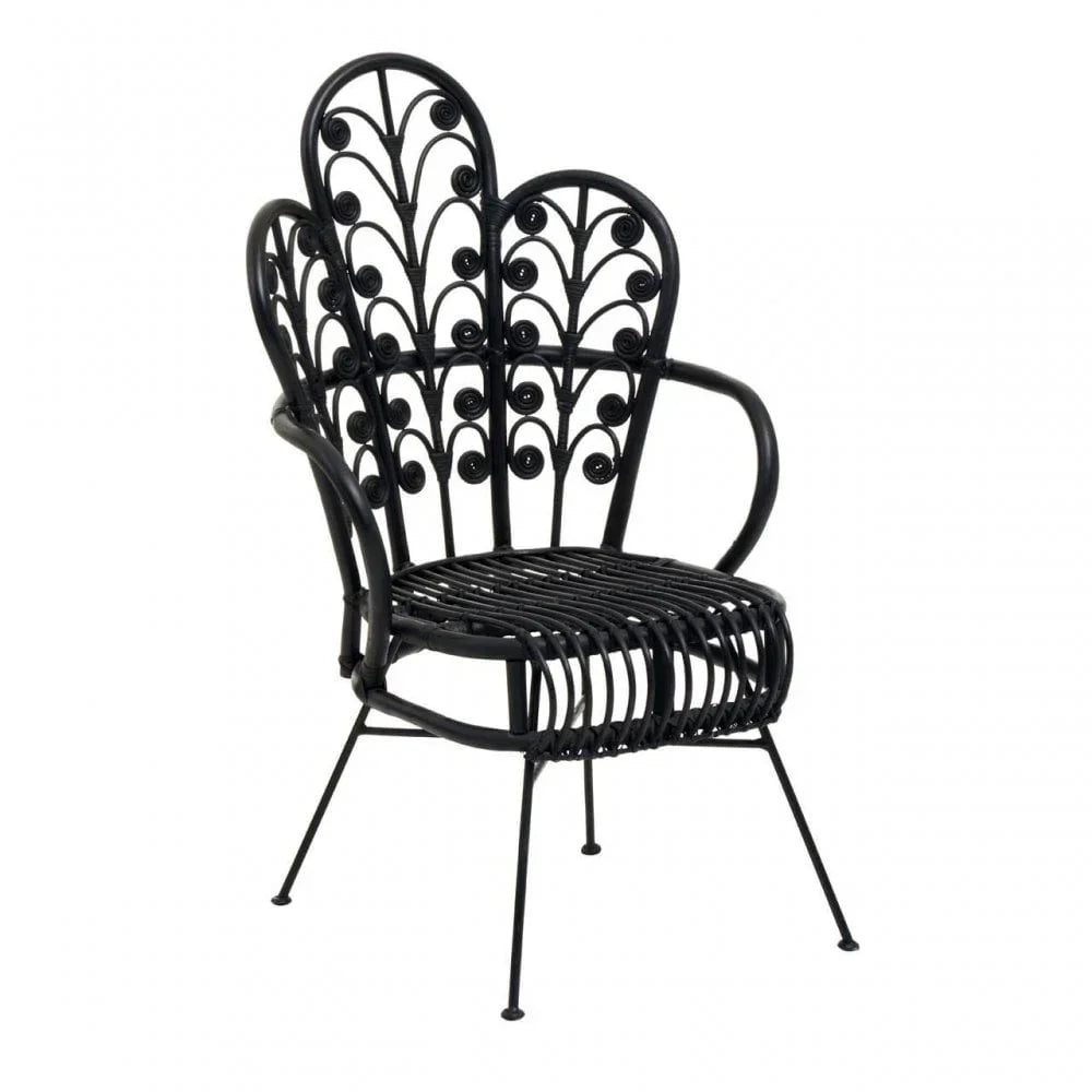 Black rattan armchair with decorative high back and curved metal legs