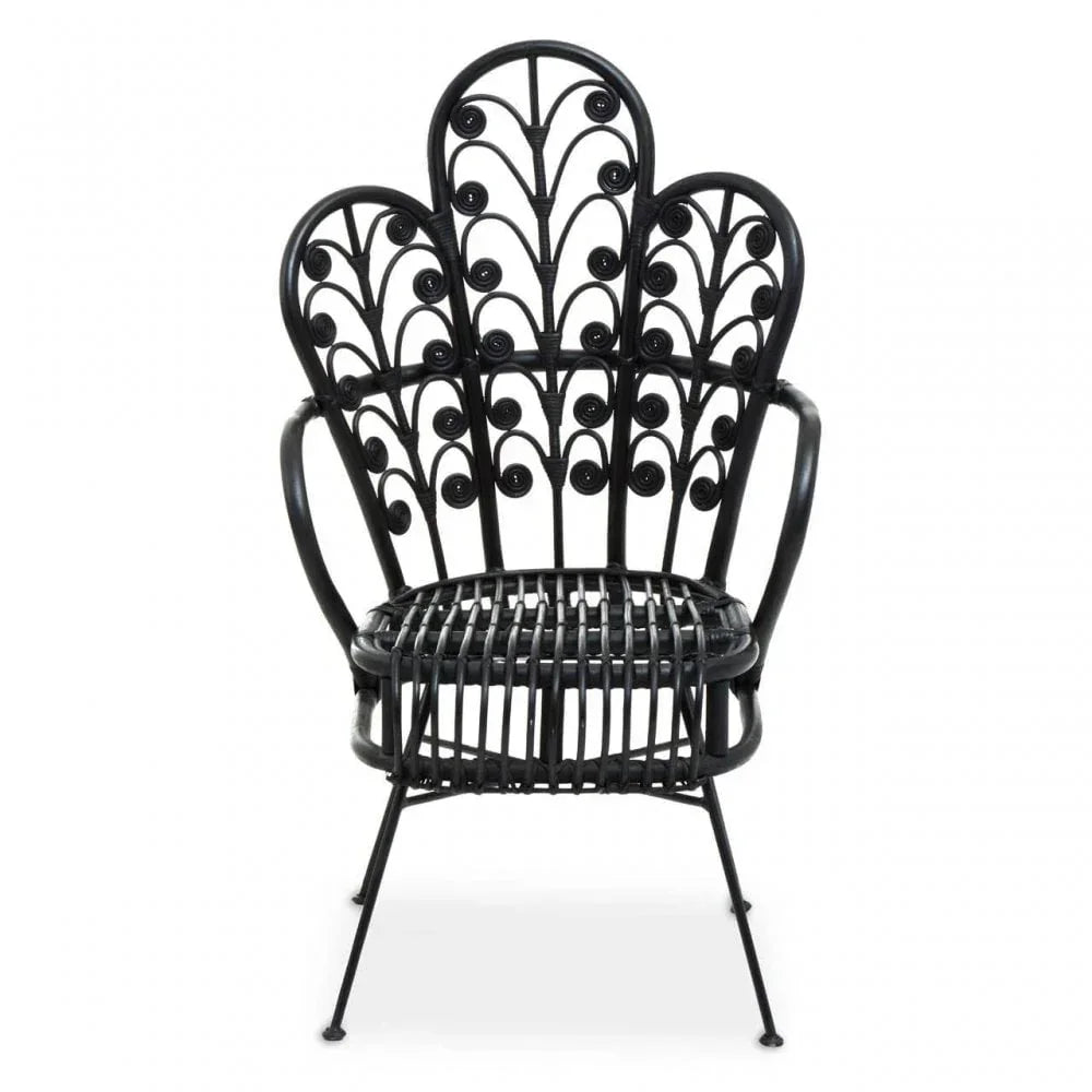 Black rattan accent chair with intricate backrest and metal legs, front view