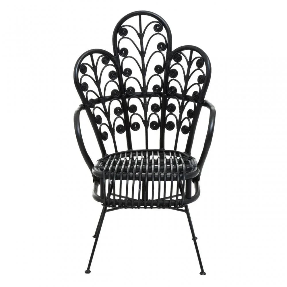 Black rattan accent chair with decorative curved back and open weave seat, front view