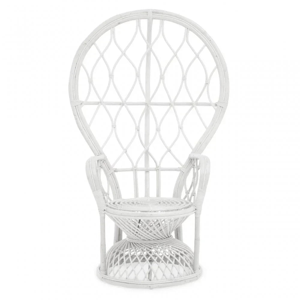 White rattan peacock chair with high back and intricate woven pattern