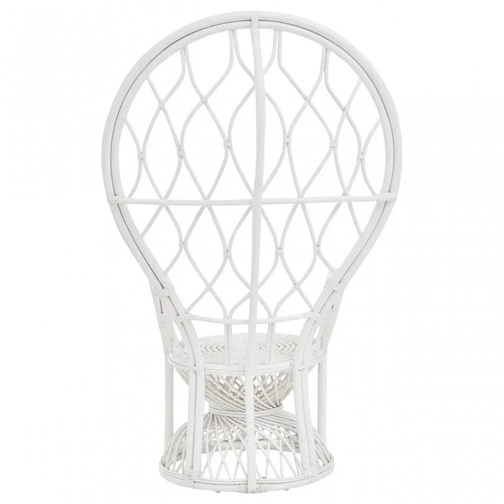 White rattan armchair with high rounded back and woven geometric design, rear view