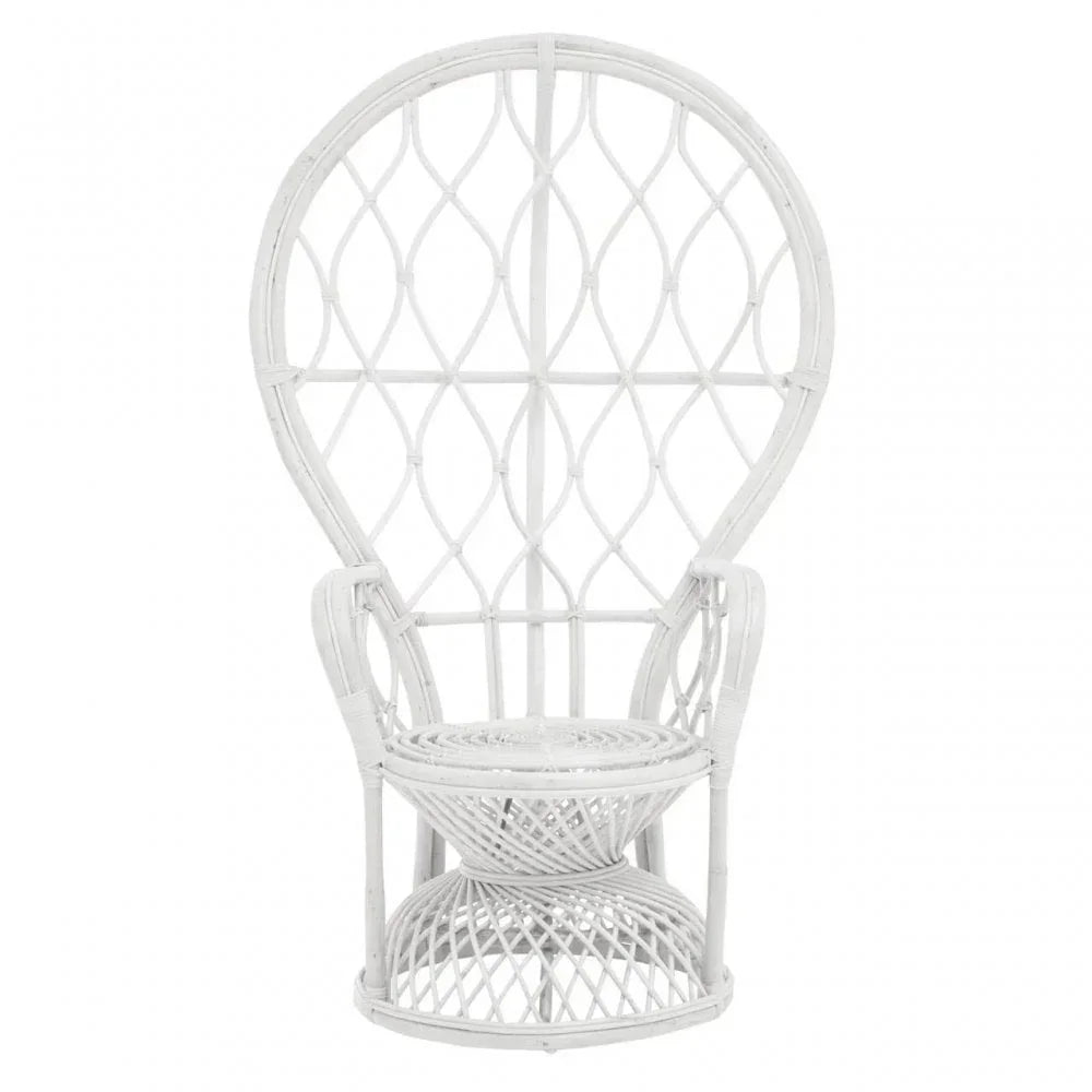 White rattan peacock chair with high rounded back and intricate woven pattern