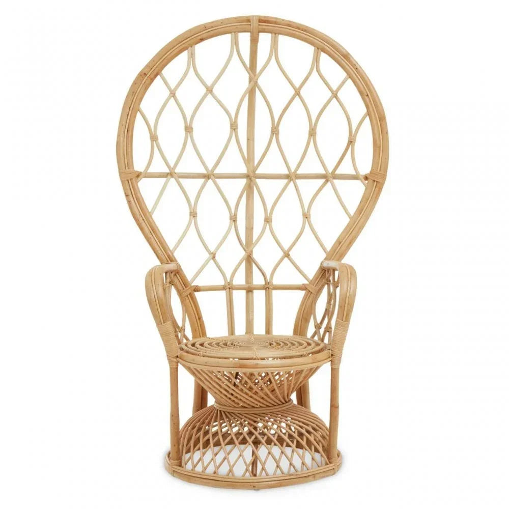 Natural rattan peacock chair with high back and intricate woven pattern