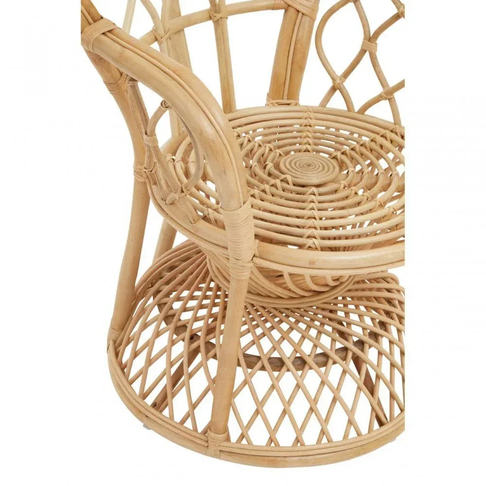 Natural rattan armchair seat and base with woven lattice design, close-up view