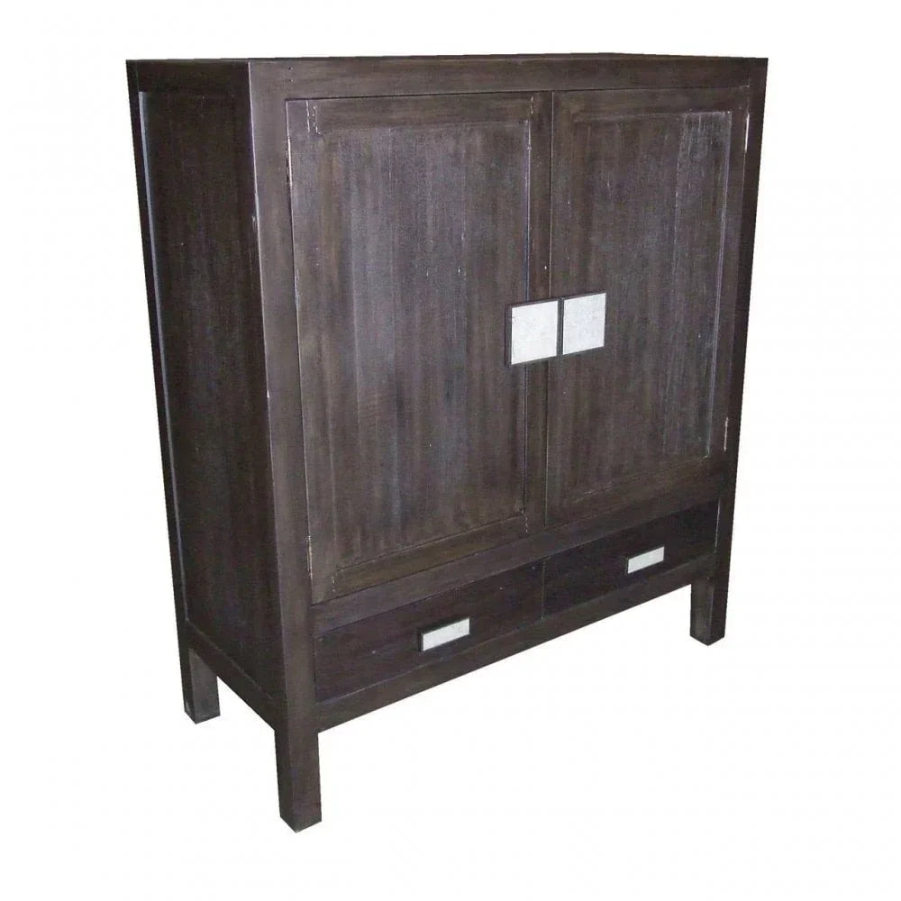 Dark wood storage cabinet with double doors and two lower drawers, front angle view