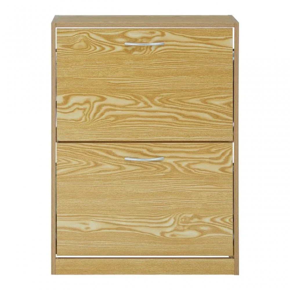 Oak effect shoe cabinet with two drop-down drawers and silver handles