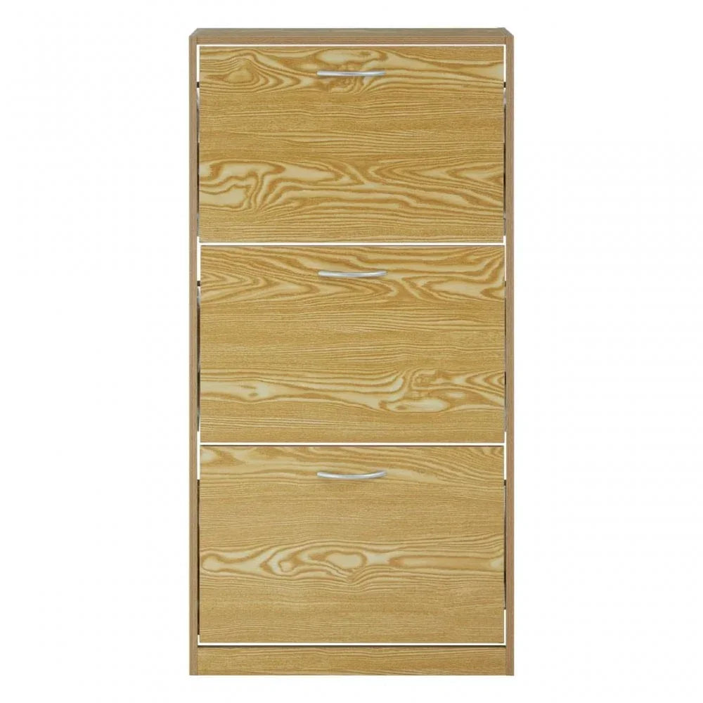 Oak effect shoe cabinet with three drop-down doors and silver handles front view