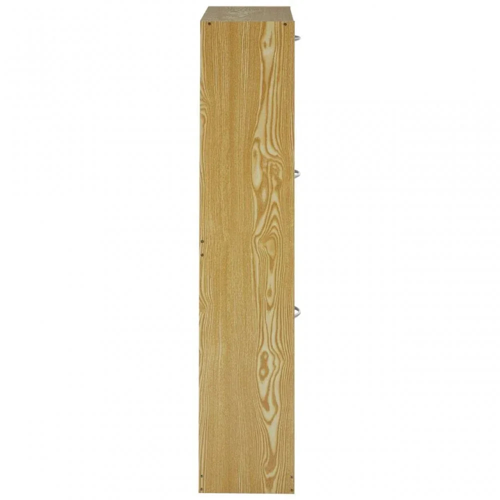 Side view of tall wood-grain cabinet showing vertical panel and metal handles
