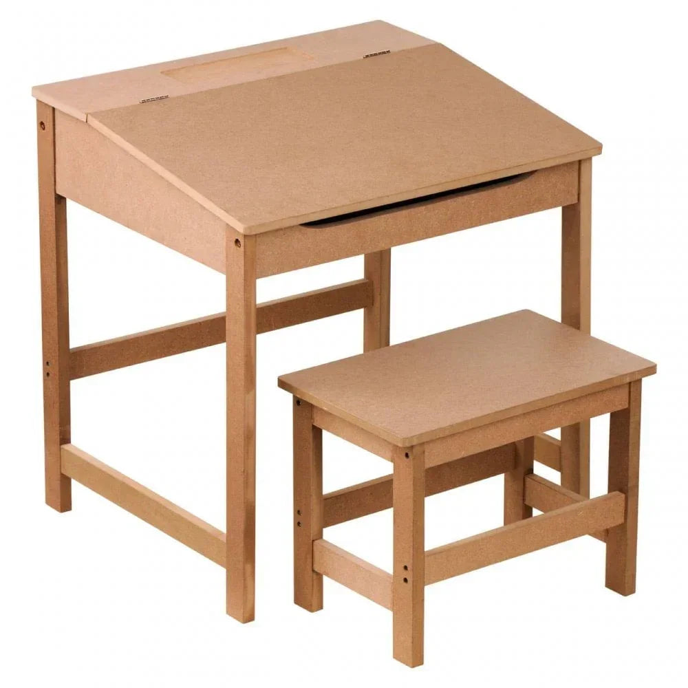 Wooden kids desk with angled top and matching bench, natural finish, studio view