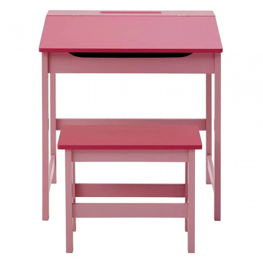 Pink wooden kids desk with matching bench, slanted desktop design