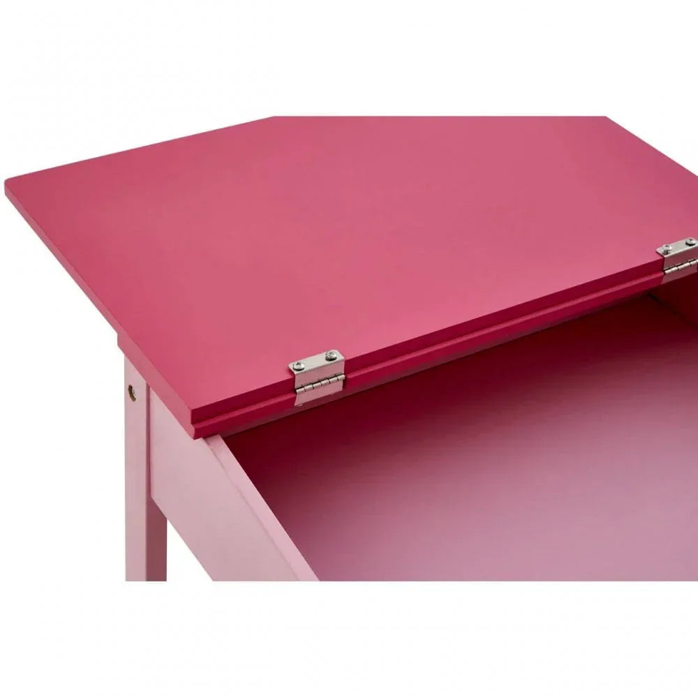 Pink wooden storage desk with hinged lift-up top, close-up of open compartment