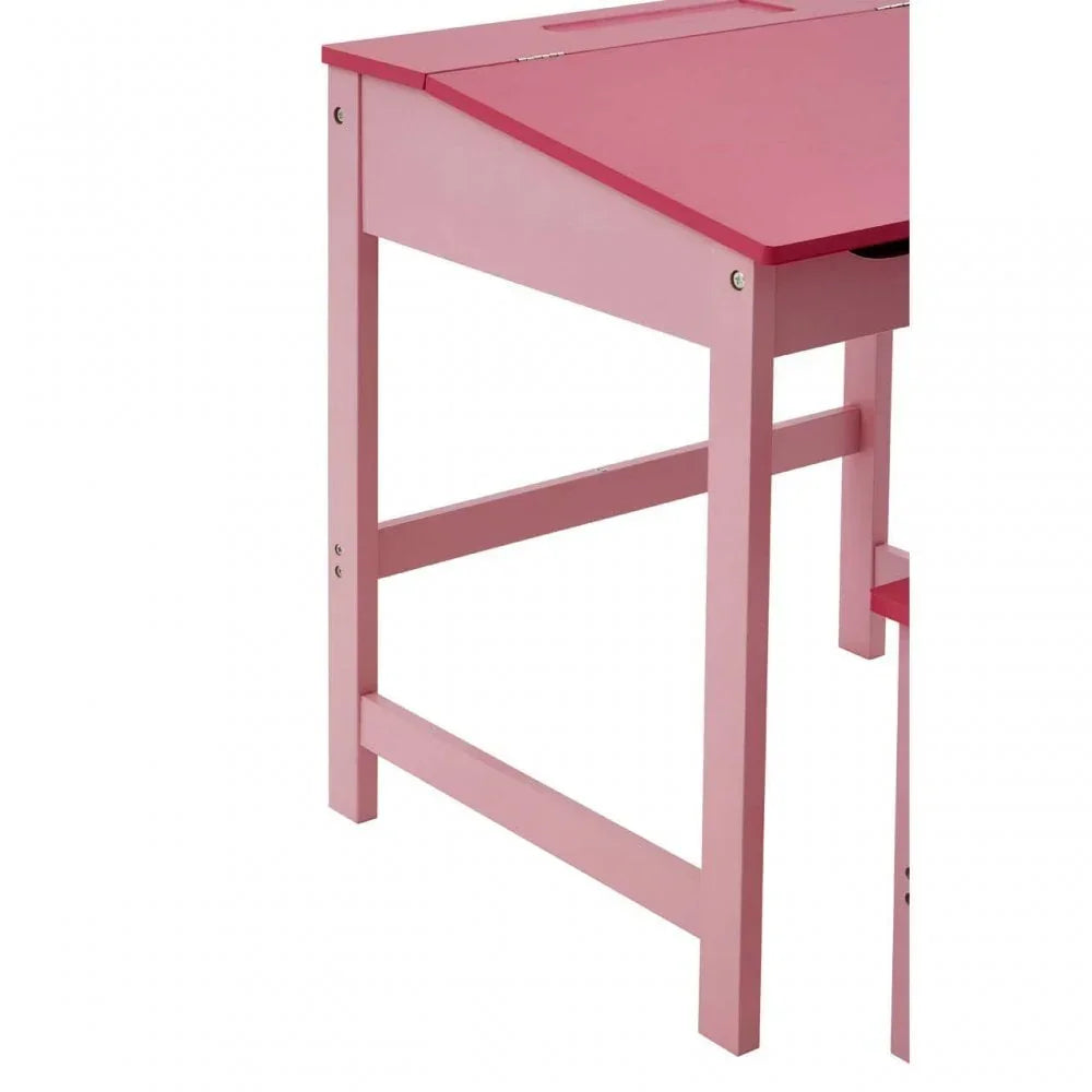 Side view of pink wooden desk with angled top and sturdy legs
