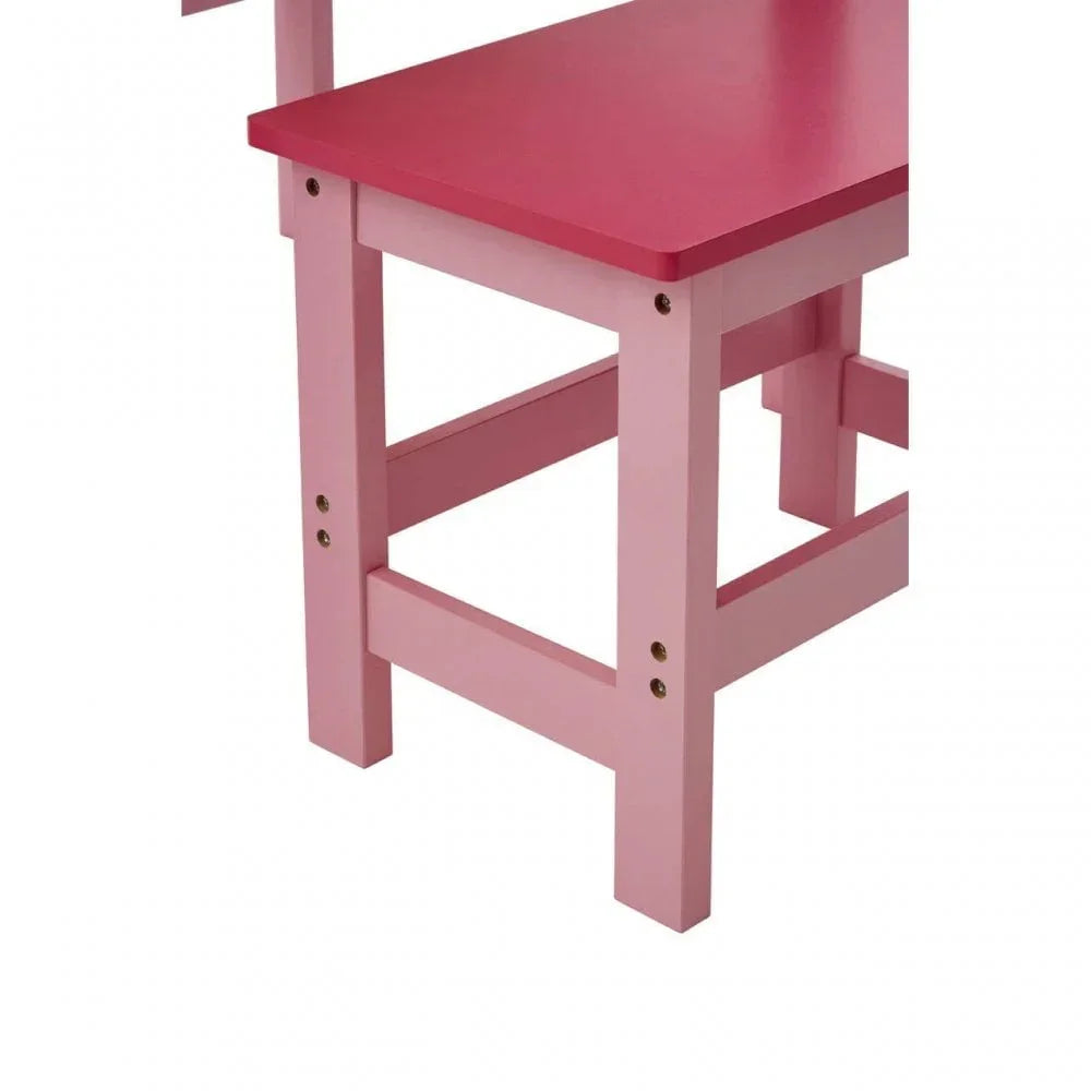 Pink wooden chair with red seat, close view showing sturdy frame and corner details
