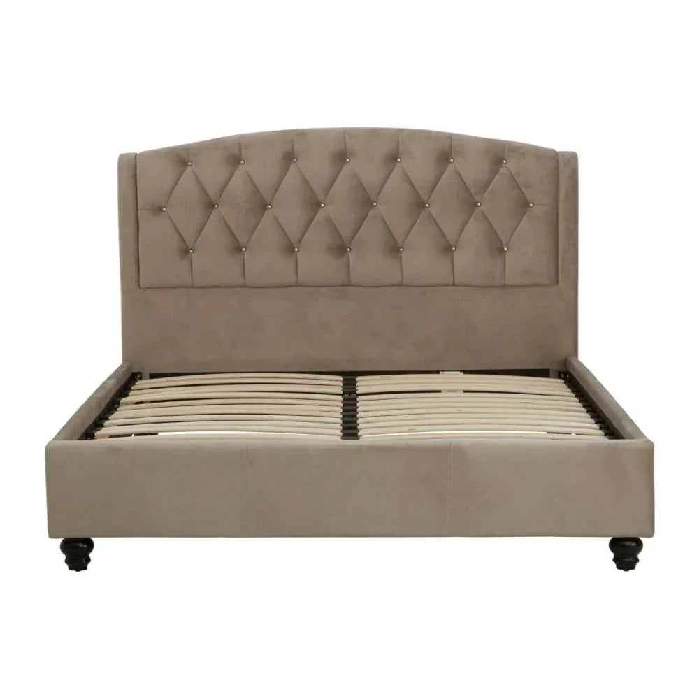 Beige upholstered bed frame with diamond tufted headboard and wooden slats, front view