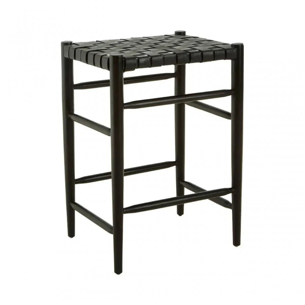 Black wooden bar stool with woven leather seat and square frame