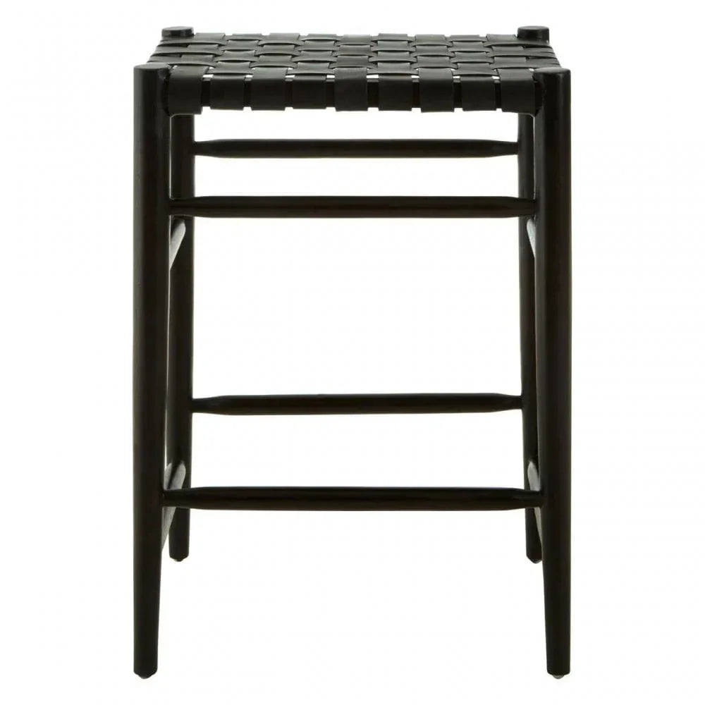 Black bar stool with woven faux leather seat and wooden frame, front view