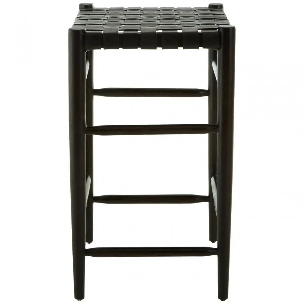 Black wooden stool with woven leather seat, front view showing three support bars