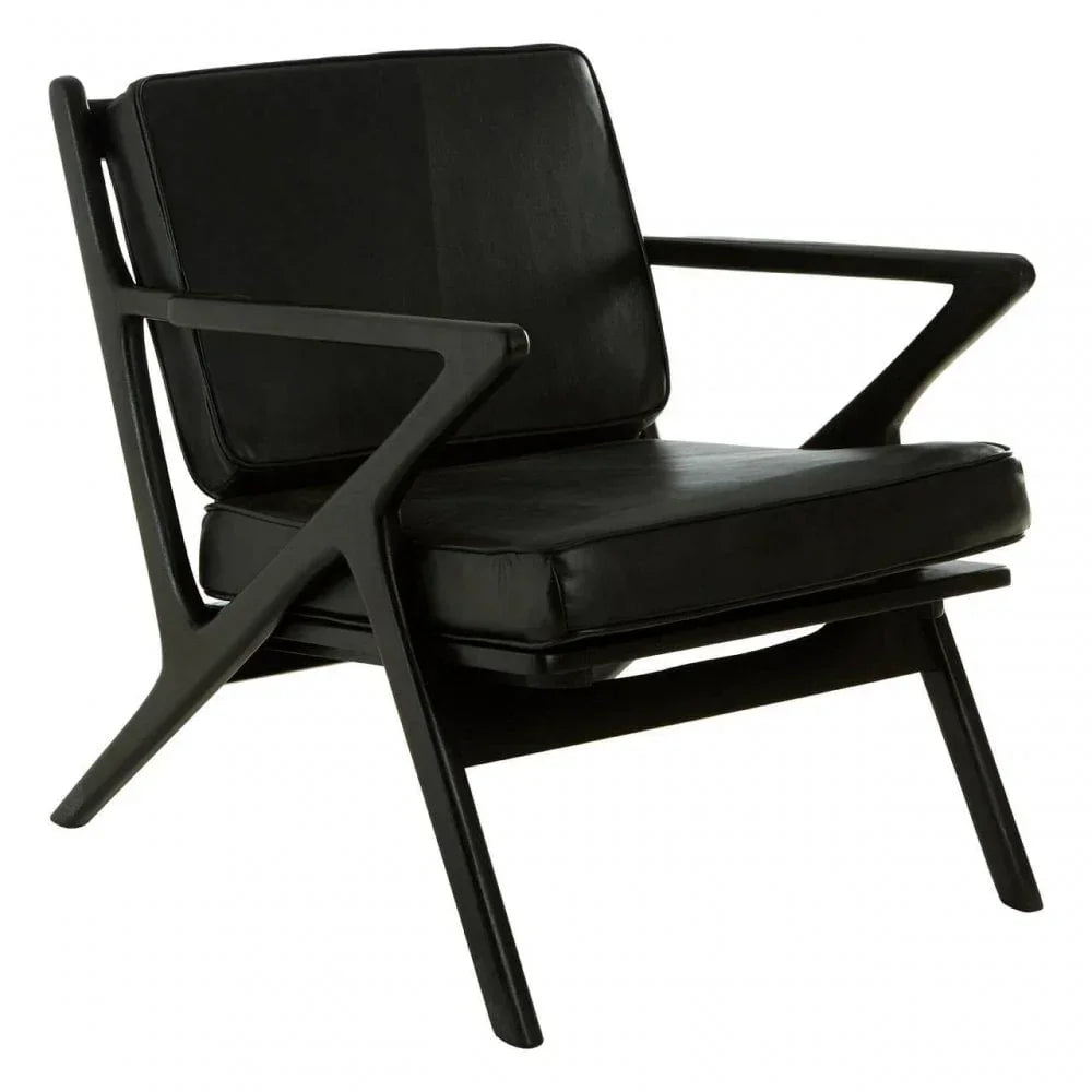 Black leather accent chair with angular wooden frame and wide armrests