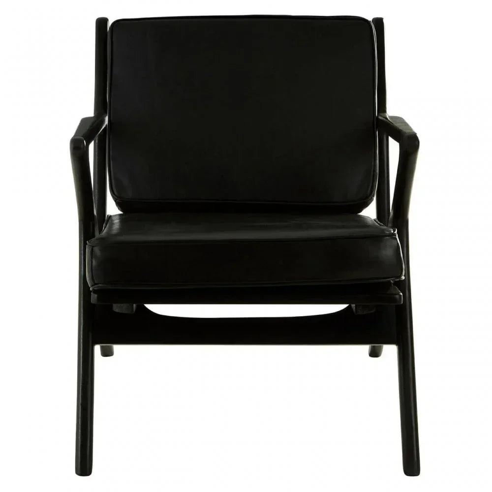 Black leather armchair with cushioned seat and backrest, straight wood frame, front view