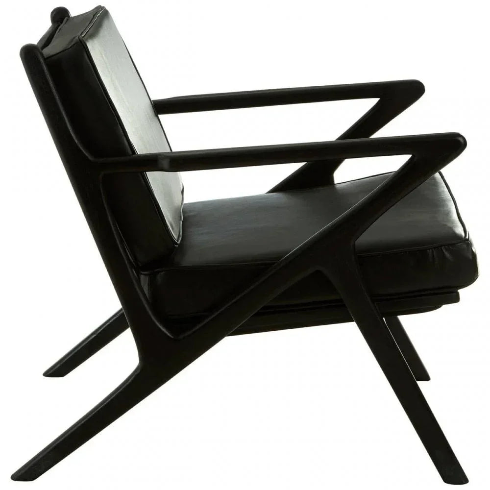 Black leather accent chair with angular wooden frame and seat cushion, side view