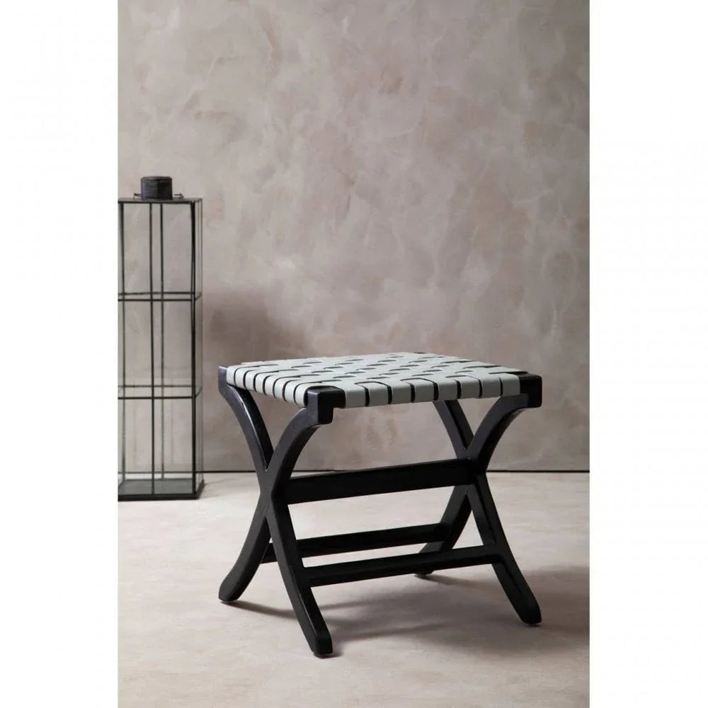 Alden Grey Leather And Teak Stool