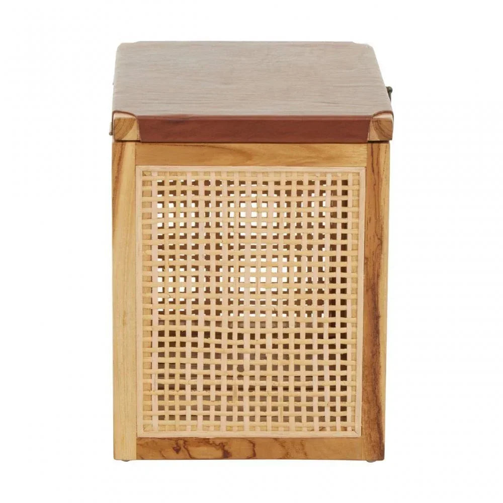 Wooden storage bench with woven rattan panel front and natural finish
