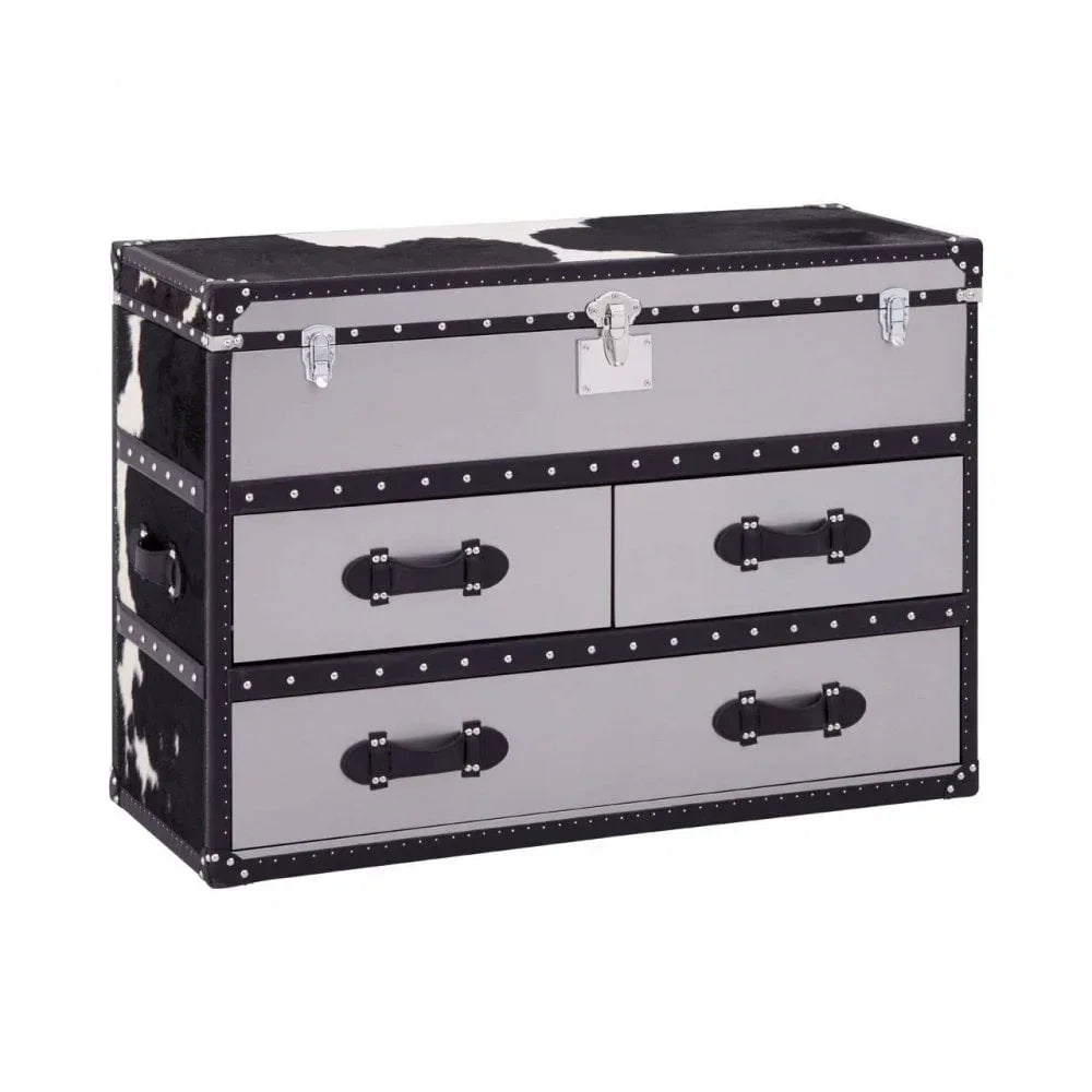 Cowhide storage trunk with drawers, black leather handles and silver stud detailing